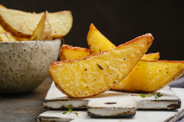 Fried potato wedges fries chips with thyme. Shallow depth of field