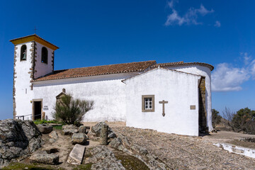 the historic Santa Maria church in Marvao under a blue sky