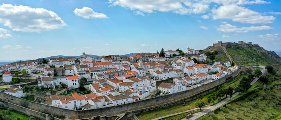 aerial view of the walled historic town of Marvao with its castle on the hill