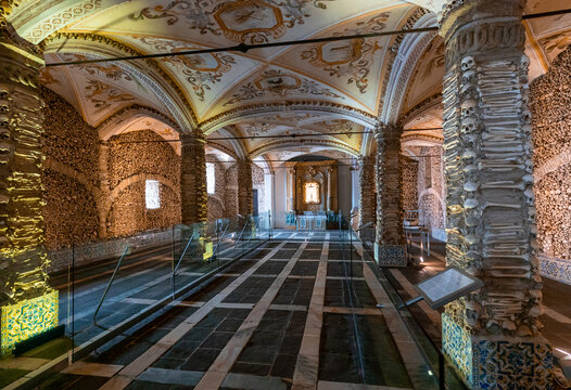 interior view of the Chapel of the Bones in San Francisco Church in Evora