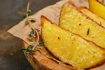 Fried potato wedges fries chips with thyme. Shallow depth of field