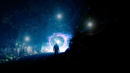 A science fiction concept of a man standing in front of a glowing alien portal. On a spooky winters night in the countryside © Dave