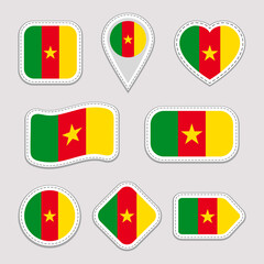 Cameroon flag vector set. Cameroonian stickers collection. Isolated geometric icons. Country national symbols badges. Web, sport page, patriotic, travel design elements. Different shapes.