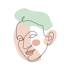 Fototapeta premium Female face single line drawing and pastel abstract shapes composition. Portrait of young beautiful girl line art.