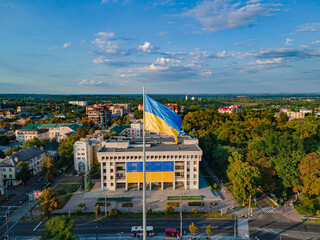 Large Ukrainian flag over the city of Poltava