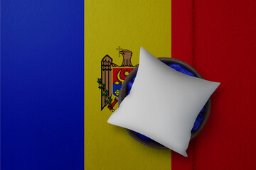 Patriotic pillow mock up on background in colors of national flag. Moldova