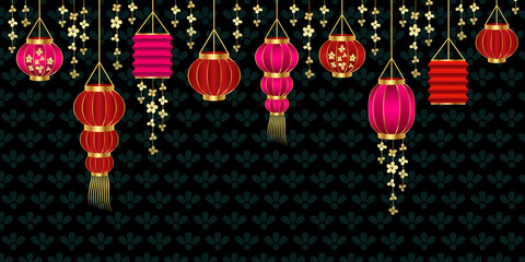 Chinese holiday dark background with lanterns. Realistic vector asian lamps.