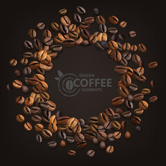 Coffee beans decoration element. Circle frame from realistic coffee beans with space for text.