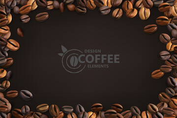 Coffee beans decoration element. Frame from realistic coffee beans with space for text.