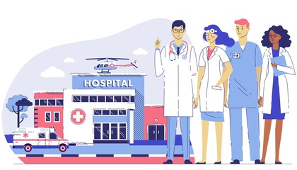 Medicine team concept with different doctors on hospital background.
