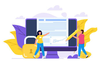 Digital signature, Electronic Smart contract. Vector illustration