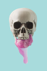Human skull with slime dripping from the jaw on a light blue background. Surreal crypto art, Santa...
