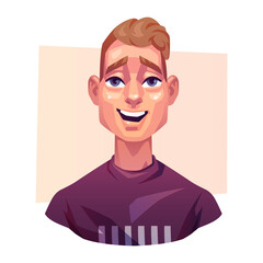 Male portrait. Smiling young guy. Cheerful, positive character, merry fellow. Avatar for a social network. Vector illustration