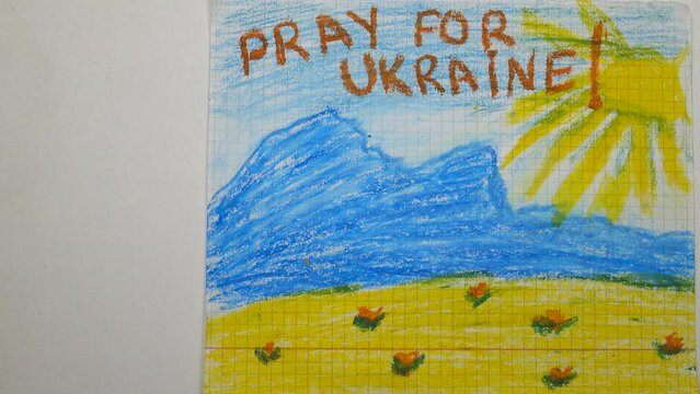 Children's drawing for peace against the 2022 Russo-Ukrainian War are placed on the white background  