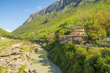 Beautiful mountain valley with gentle hills and river