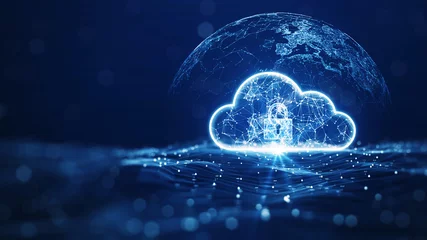 Foto op Canvas cloud computing technology database storage security concept Backup transfer. There is a large cloud icon on the right in an abstract world above a polygon with a dark blue background. © Ar_TH