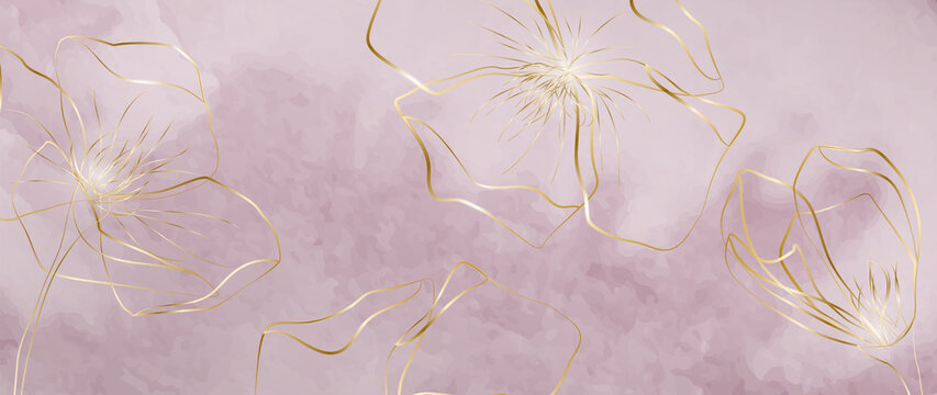 Abstract watercolor background in pink tones with golden flowers in line art style. Botanical art banner for decor, package design, print