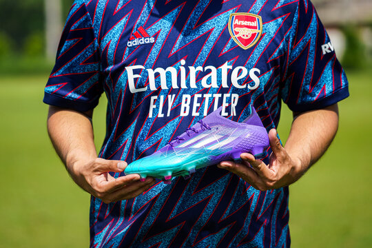 Thailand - April 2022: Adidas launch new "X Speedflow", the most famous speed performance football shoe in "Champions Code" Pack. This collection is designed for player who playing in UCL final round.