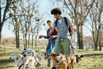 Happy friends walking group of dogs in park while working as dog walkers.