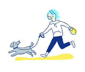 散歩中に一緒に走る犬と若い女性