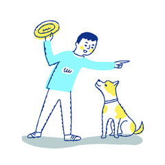 フリスビーで遊ぶ男性と犬