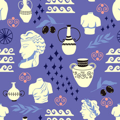 Antique Seamless pattern. Ancient greek statue  and amphora, jugs,  olive branch, waves, stars, laurel wreath. Vector background