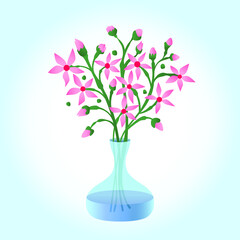 Glass vase with beautiful pink flowers. Card. Object. Vector illustration.
