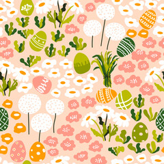 Easter and Floral seamless pattern (painted eggs, abstract flowers, chamomiles, herbs). Vector background. Perfect for spring holidays