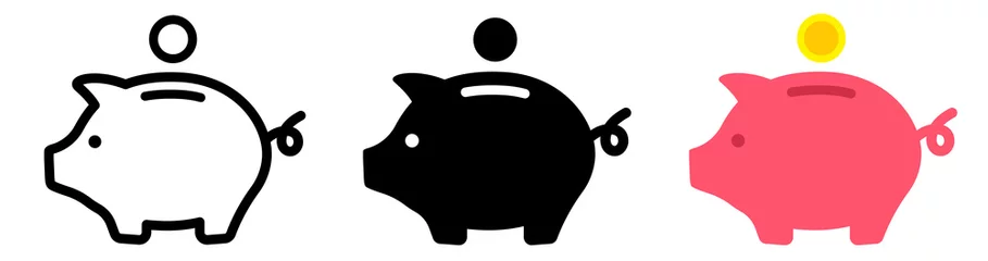 Fotobehang Piggy bank icon. Piggybank with falling coins. Baby pig piggy bank. Pig silhouette. Financial independence. Money box symbol flat style stock vector. © Comauthor