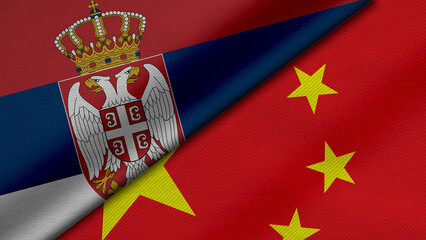 3D Rendering of two flags from republic of serbia and China together with fabric texture, bilateral relations, peace and conflict between countries, great for background