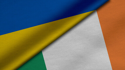 3D Rendering of two flags from Ukraine and  Republic of Ireland together with fabric texture, bilateral relations, peace and conflict between countries, great for background