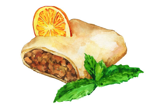 watercolor sketch of apple strudel on white background