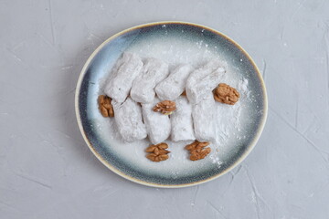 Traditional Turkish delight lokum with walnut.