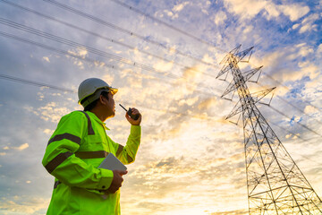 Asian engineer use radio checks at a power station for planning work by generating electricity from a high-voltage transmission tower at sunset.