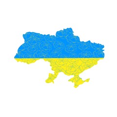yellow-blue map of ukraine with flowers. stop war in ukraine