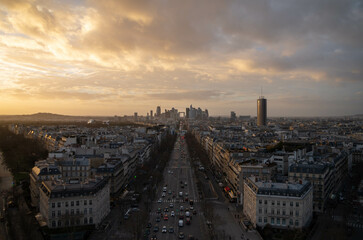 La Défense, business area in France from the triumphal arch at sunset