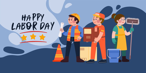 Labor Day With Happy Worker, Hand Drawn Flat Character Design