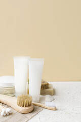 Eco-friendly cosmetic products for skin care of the face, body. Natural creams, oils and other cosmetic products with minerals, aloe, vitamins and prebiotics for health