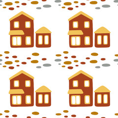 Vector seamless pattern with small cartoon houses and stones in red and yellow colors on white background. Cute illustration for wallpaper, wrapping paper, background, fabric, textile.