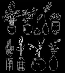 Home plants bohemian bundle. Interior decor vector hand drawn set. Doodle pots and vases collection with cactus, monstera, succulents and leaves.