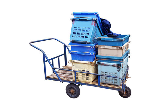 Plastic crates on cart of fresh market , on white background