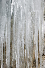 Ice and icicle formation. Beautiful shape of a melting icicle. Crooked icicles
 - obrazy, fototapety, plakaty