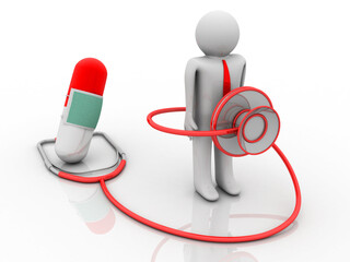 3d illustration capsule and stethoscope with patient

