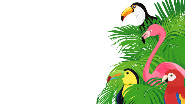 熱帯の植物とトロピカルな鳥のイラスト_フレーム_16:9