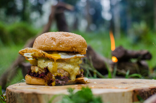 home made chicken burger with curry mayo sauce and lettuce, tomato, egg, green and yellow paprica as compliment. bushcraft cooking style with campfire.