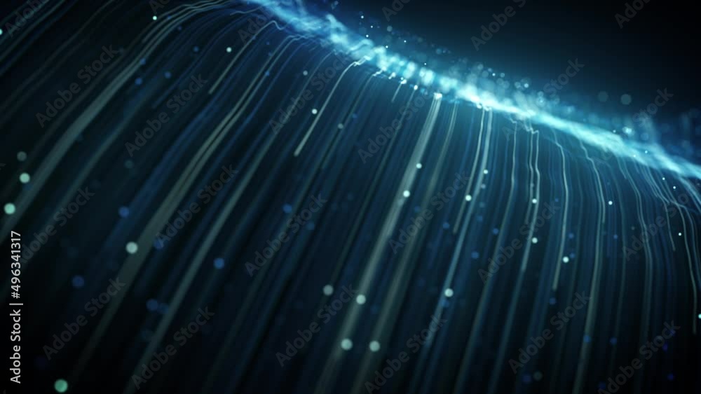 Wall mural abstract light fiber strings flowing background loop/ 4k animation of an abstract wallpaper technolo