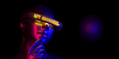 Metallic female avatar cyber with neon illuminated NFT SEARCHING text on VR headset glasses. Non Fungible Token concept of virtual reality, video games, technology, metaverse and crypto, 3d rendering