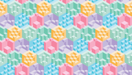 Abstract colorful 3d geometric seamless pattern. Isometric optical illusion modern background.