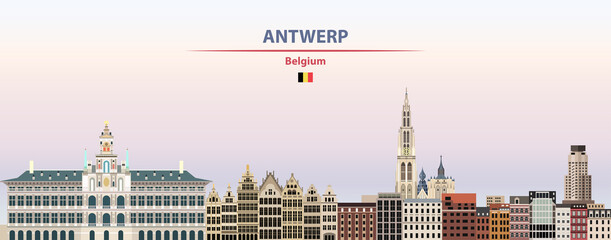 Antwerp cityscape on sunset sky background vector illustration with country and city name and with flag of Belgium
