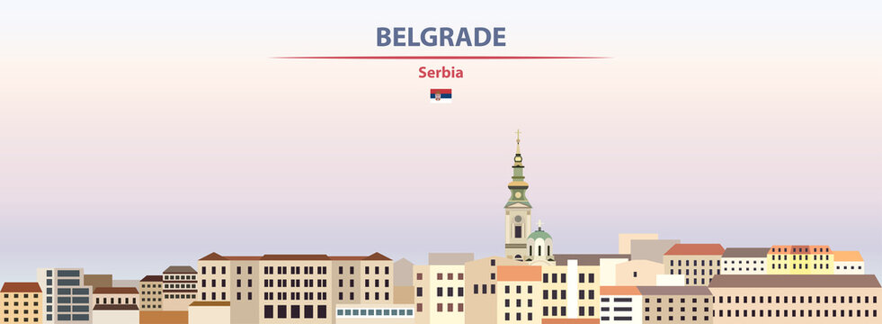 Belgrade cityscape on sunset sky background vector illustration with country and city name and with flag of Serbia